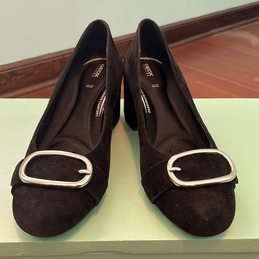 Geox Respira Black Suede Pumps with Block Heel